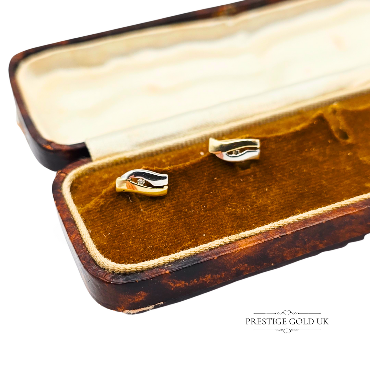 9ct Two-Tone Small Gold Diamond Stud Earrings, Fully Hallmarked, Curved Design