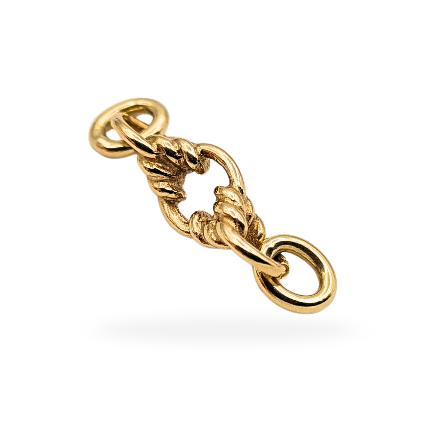 Vintage 9ct gold ornate extender link with fancy twisted detailing, British hallmarked and measuring 23mm long. Solid yellow gold connector weighing 1.3g, suitable for bracelet or necklace extension, showing light age wear consistent with careful vintage use.
