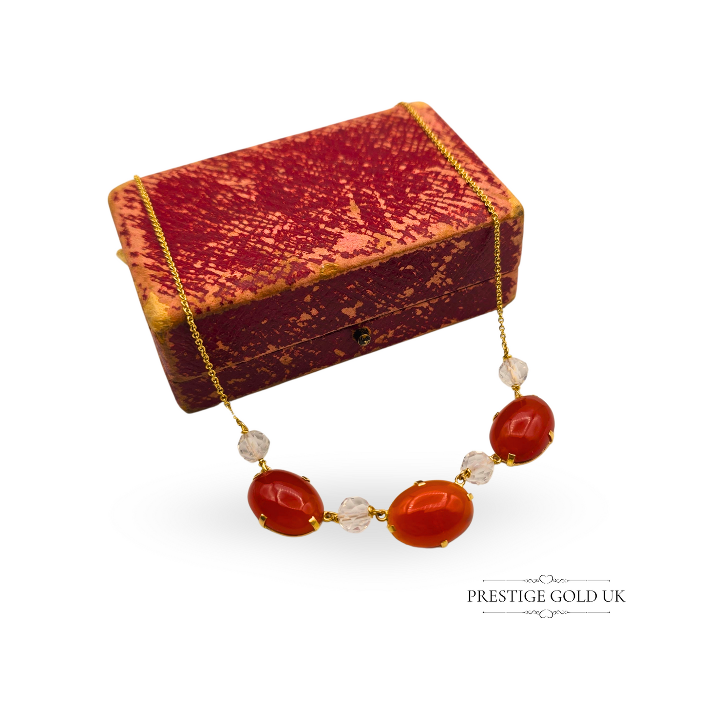 14.5" Gold Carnelian Necklace, 3 Oval Stones & Crystal Beads, 9ct Gold