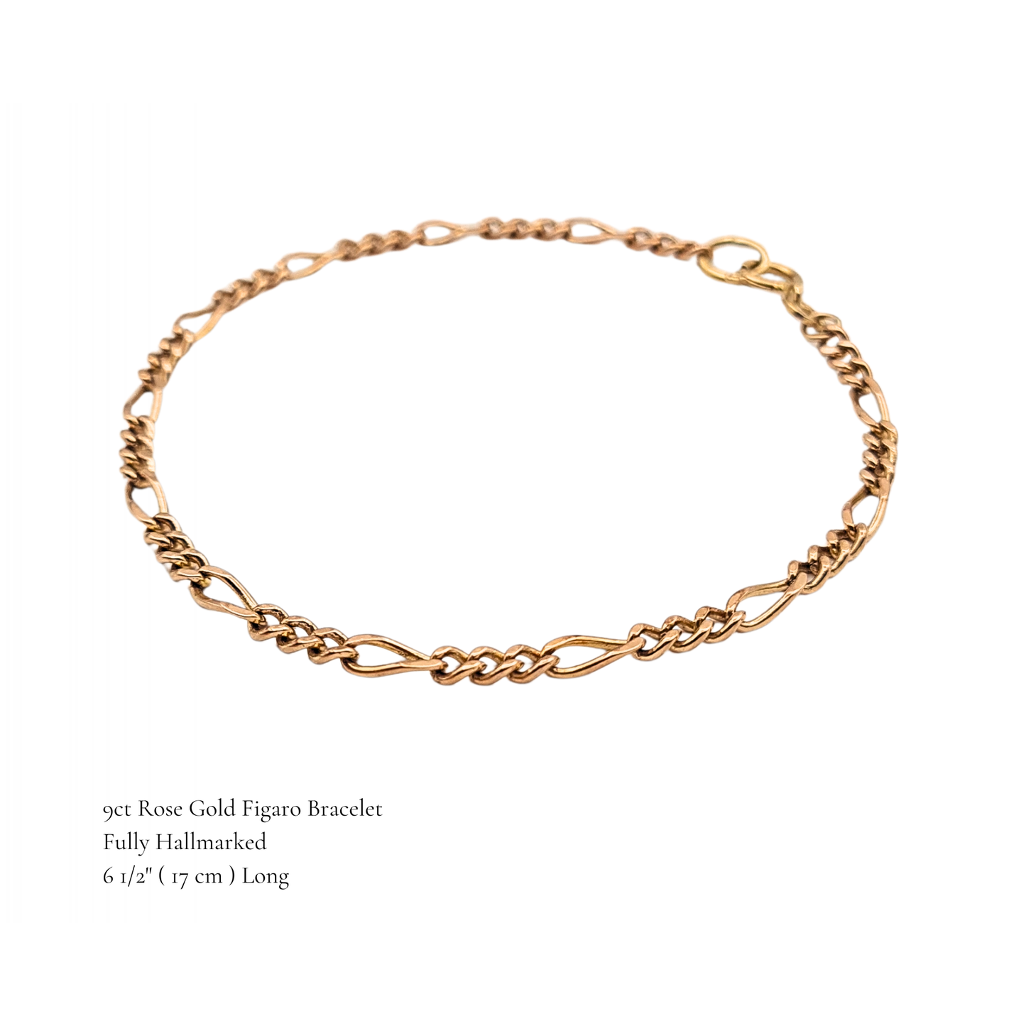 6 3/4 Rose Gold Figaro Bracelet,  18cm, Fully Hallmarked