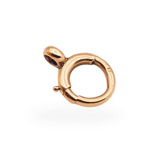 Antique 9ct rose gold 10mm bolt ring clasp with spring mechanism, stamped 9ct and fully tested for jewellery restoration and repair.