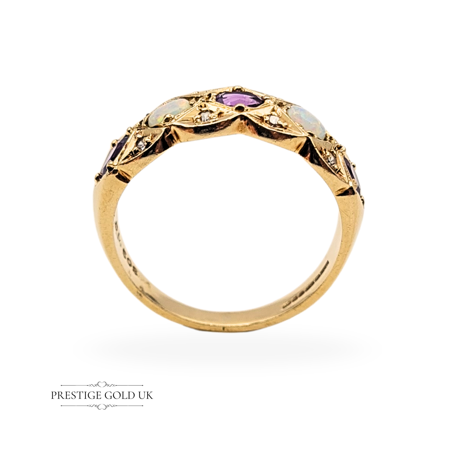 9ct Gold Amethyst Opal Diamond Ring, 1969  UK P / US 7 3/4