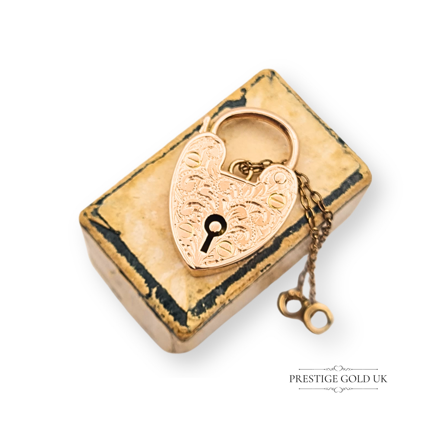 9ct Rose Gold Antique Heart Padlock Pendant, Engraved, With Safety Chain