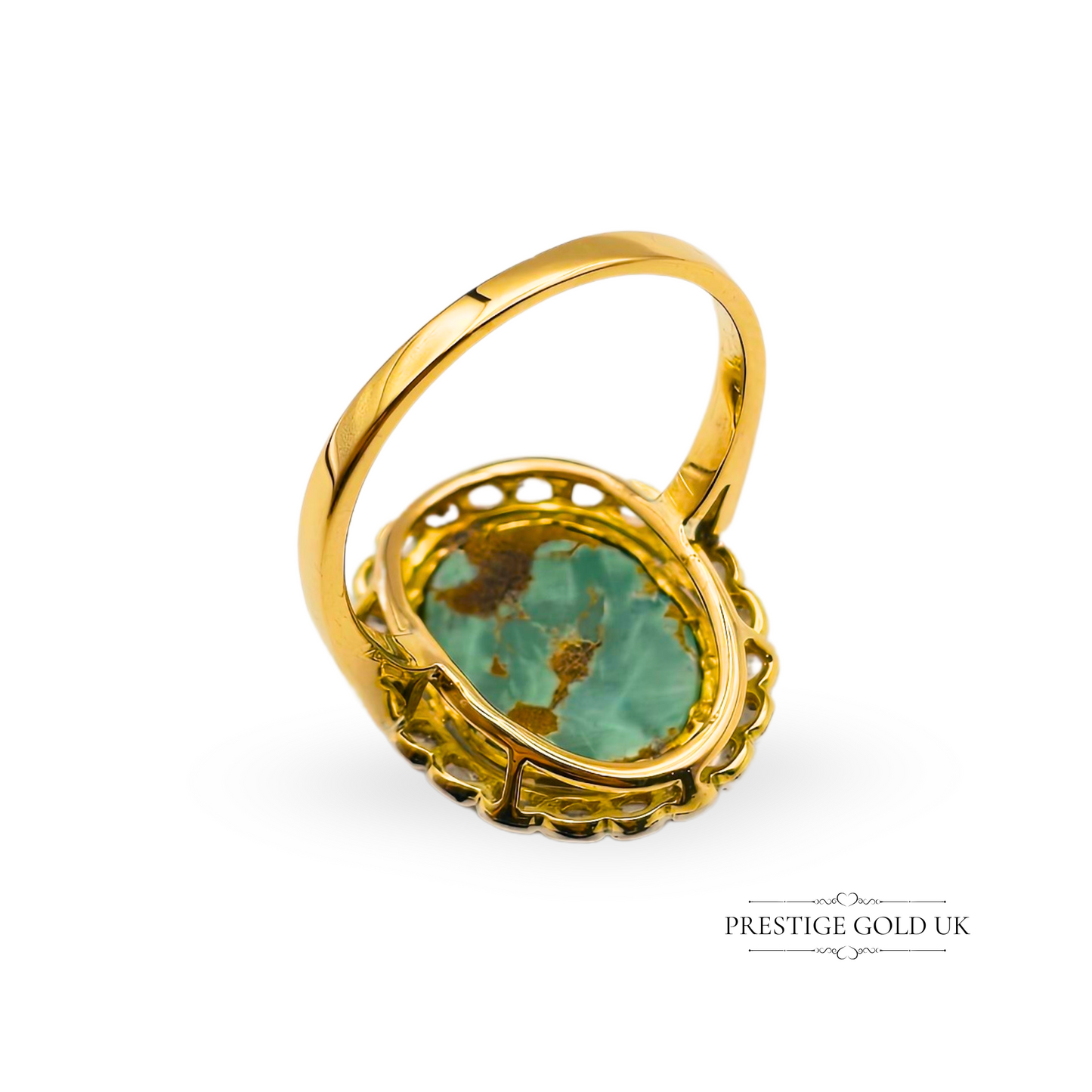 18ct Gold Oval Turquoise & Diamond Halo Cluster Ring,  UK M 1/2  US 6 3/4