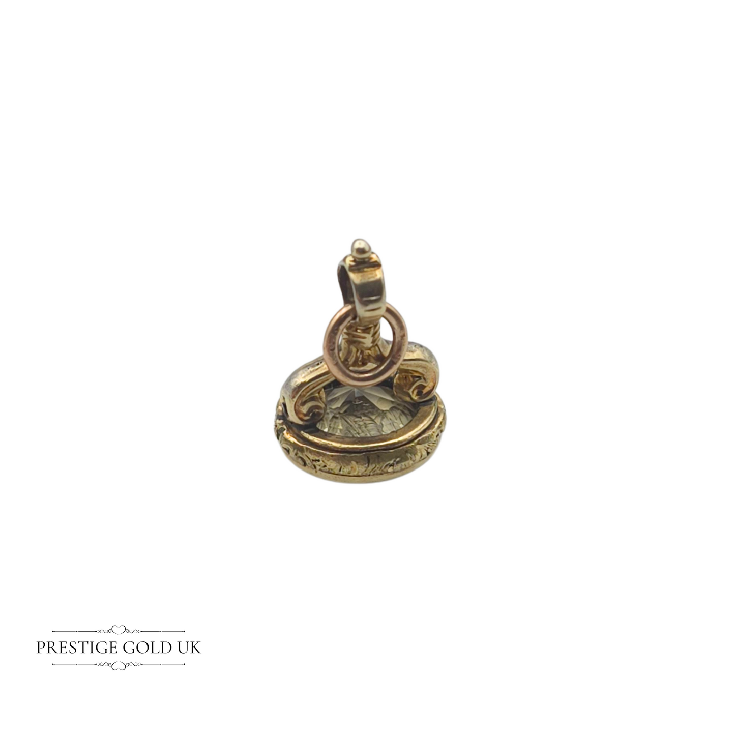 Tiny 9ct Gold Antique Intaglio Wax Seal Fob – Engraved with Drinking Birds, 13mm Tall, Open Jump Ring, Ornate Yellow Crystal Fob