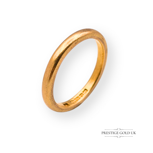 Chunky 22ct solid gold wedding ring with full Birmingham 1937 hallmarks, crafted by S.H. Features a thick 2.3mm wide band and 1.8mm tall comfort fit in rich yellow gold, ideal as a vintage heirloom or stacking ring.
