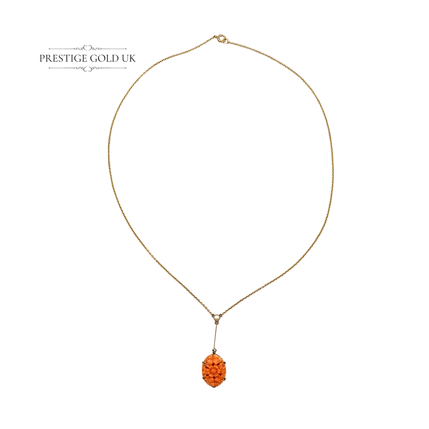 16" Long Antique 9ct Gold  Pink Coral & Pearl Pendant on Delicate Necklace