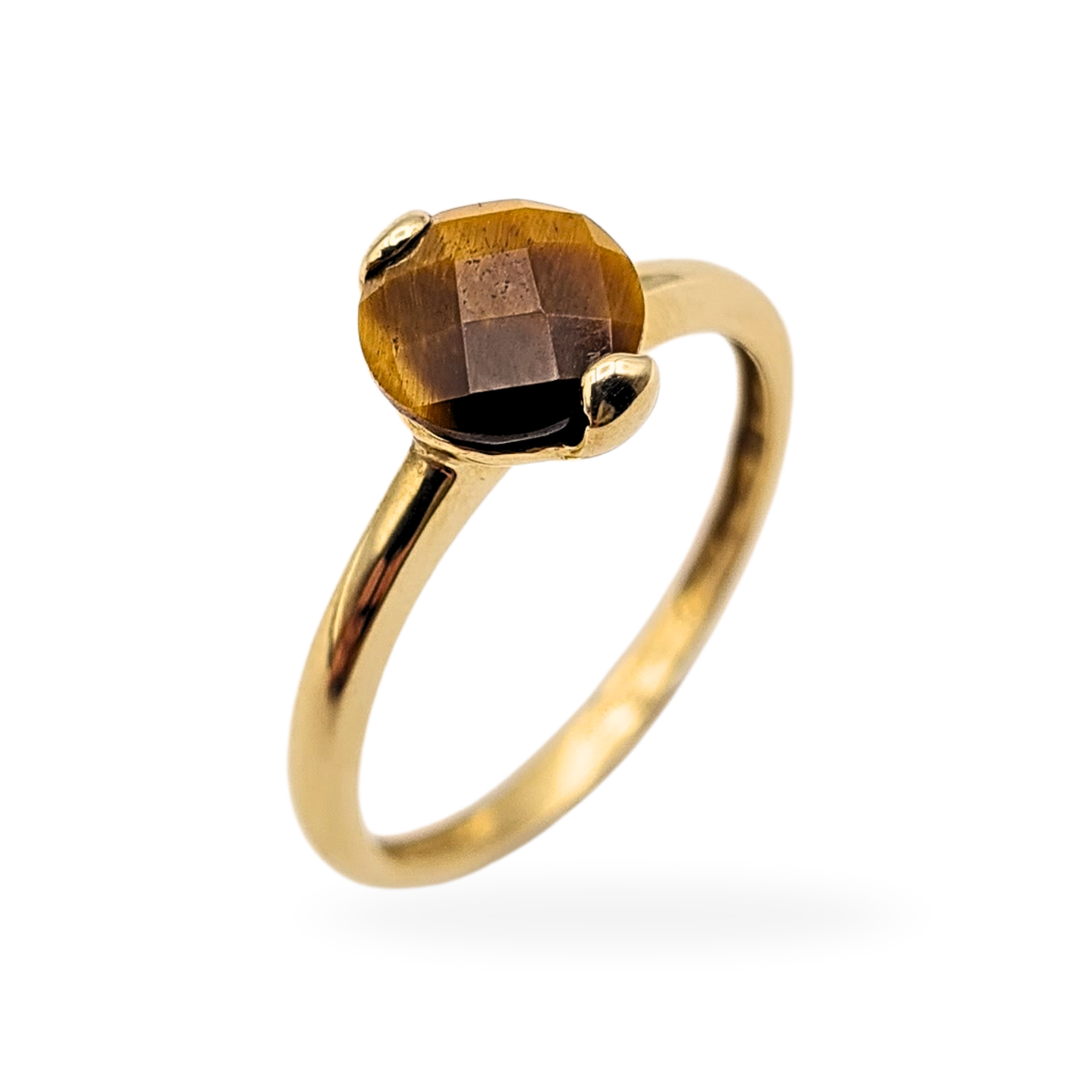 9ct Gold Tiger’s Eye Solitaire Ring, UK N / US 6.75, Faceted Round Gemstone