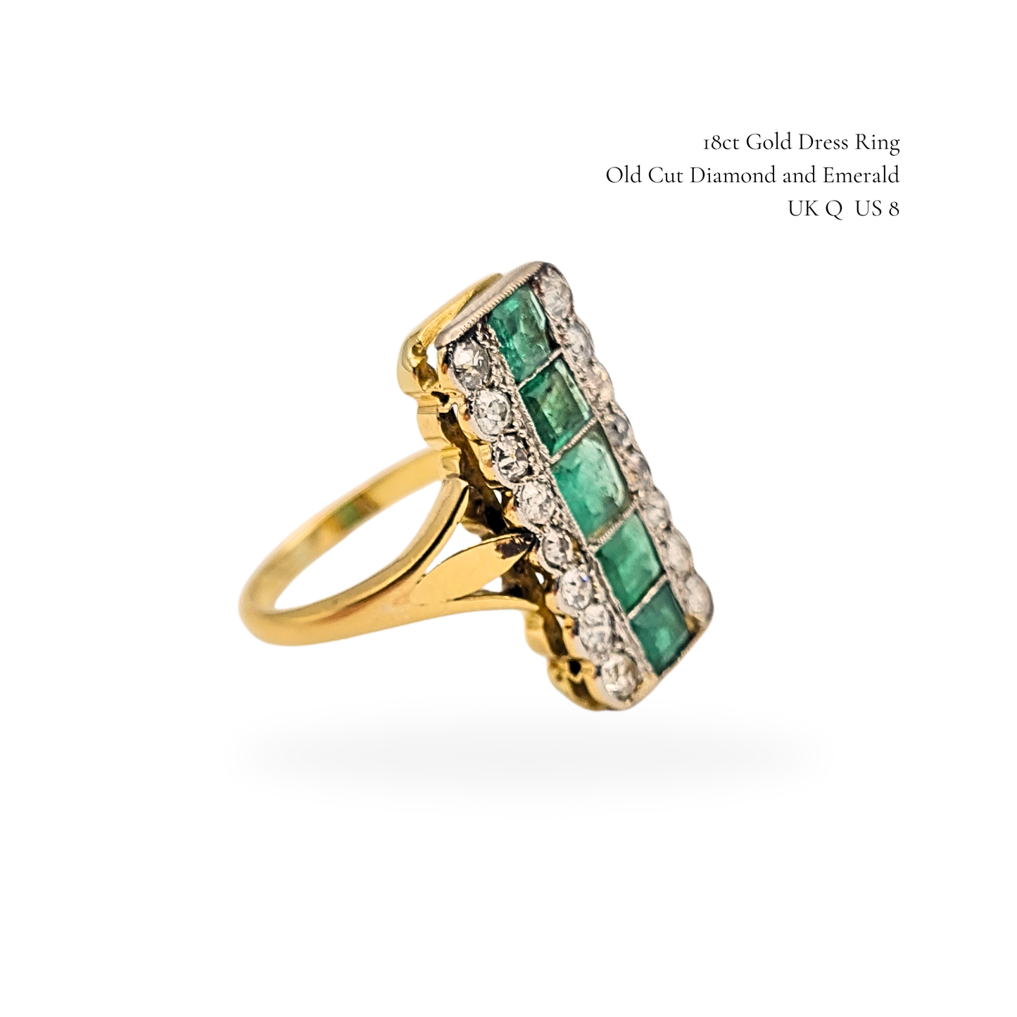 18ct Gold Emerald Diamond Ring, Old Cut, UK Q / US 8