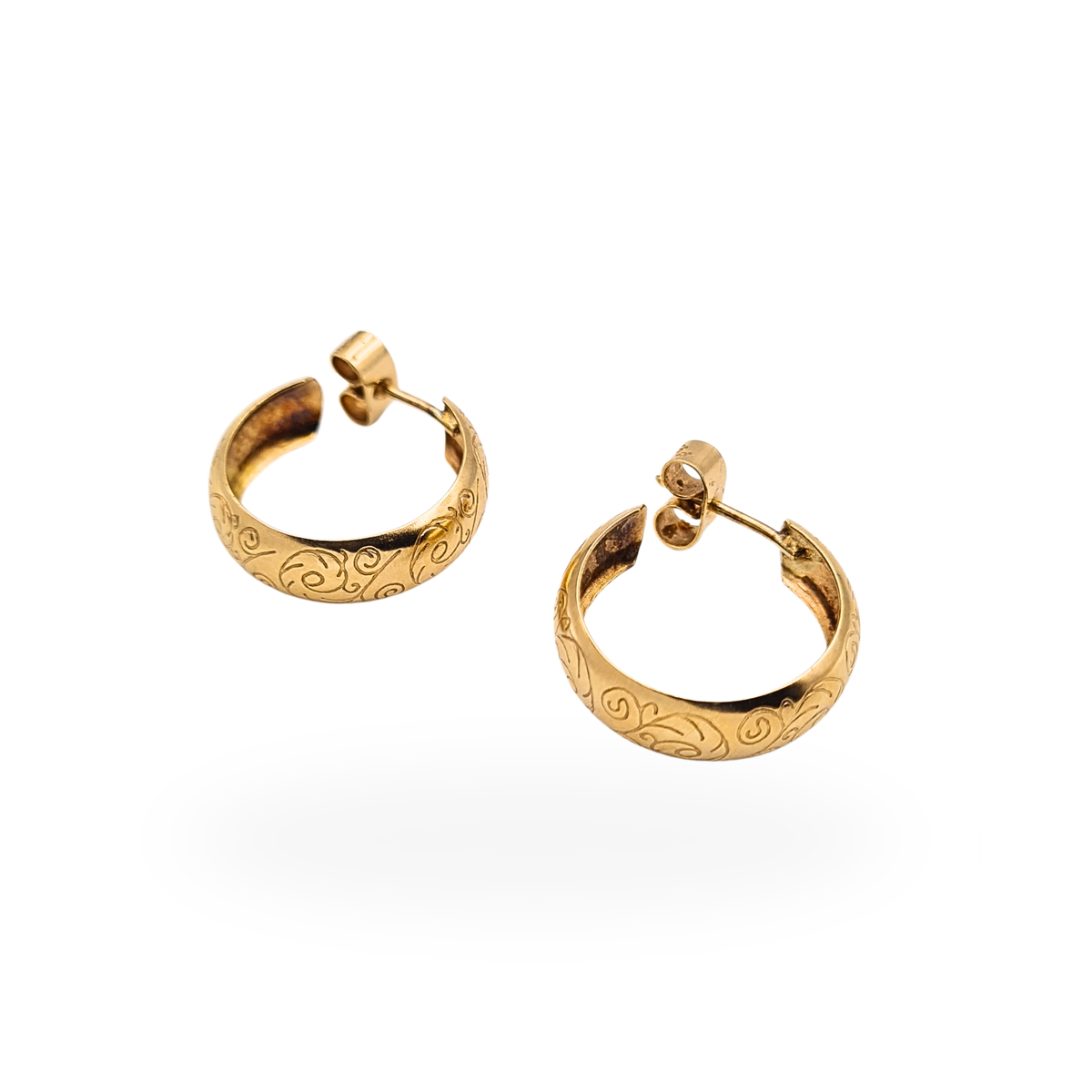 9ct Yellow Gold Engraved Hoop Earrings 18mm Domed 6mm Wide