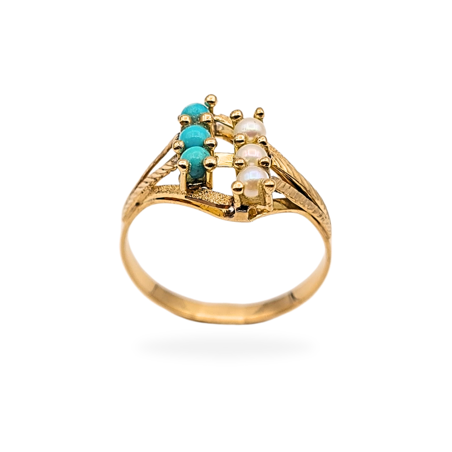 18ct Gold Turquoise 3 Row Ring, Pearl Design, UK M US 6 1/4