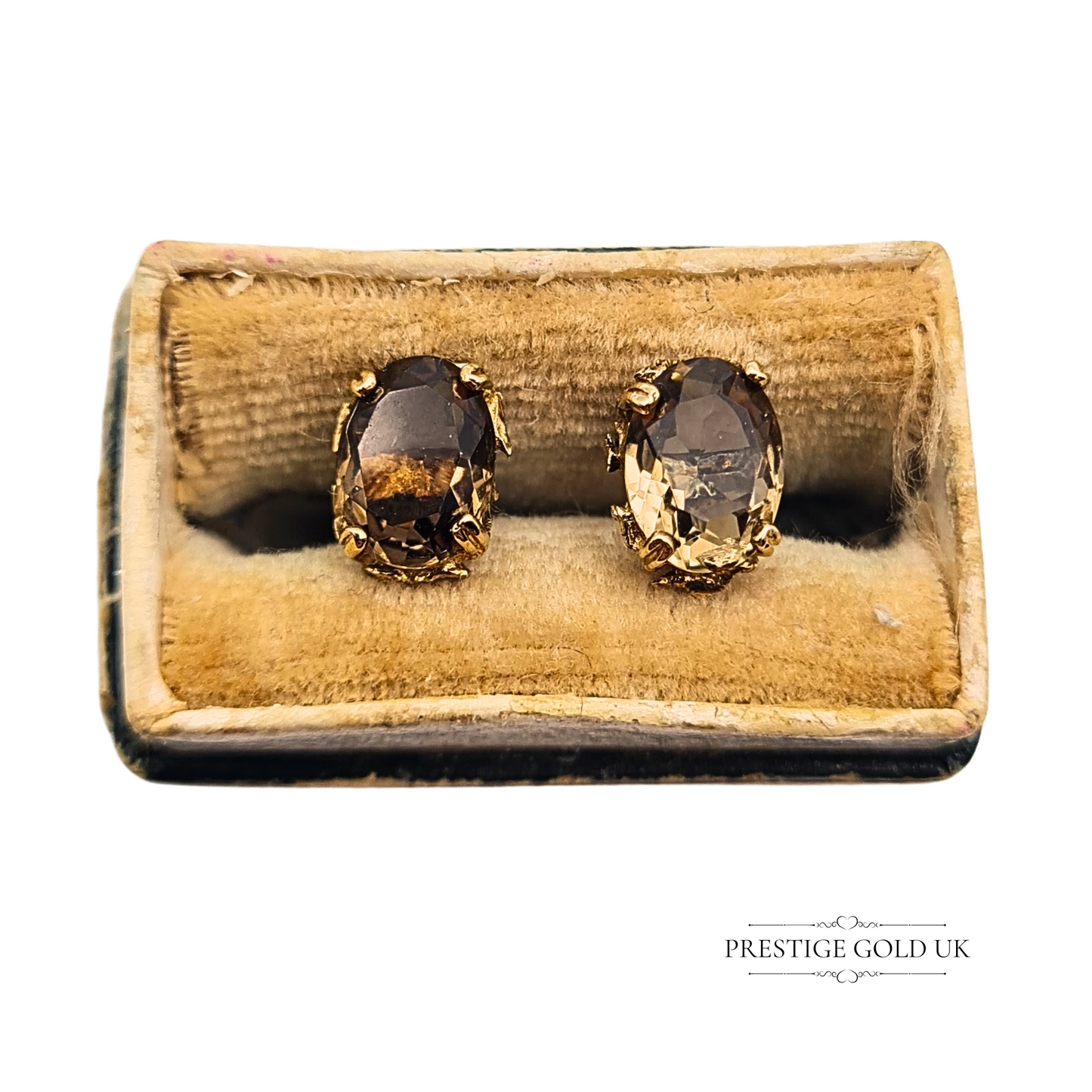 9ct Gold Smoky Quartz Stud Earrings, Oval Claw Set Brown Natural Stone Studs