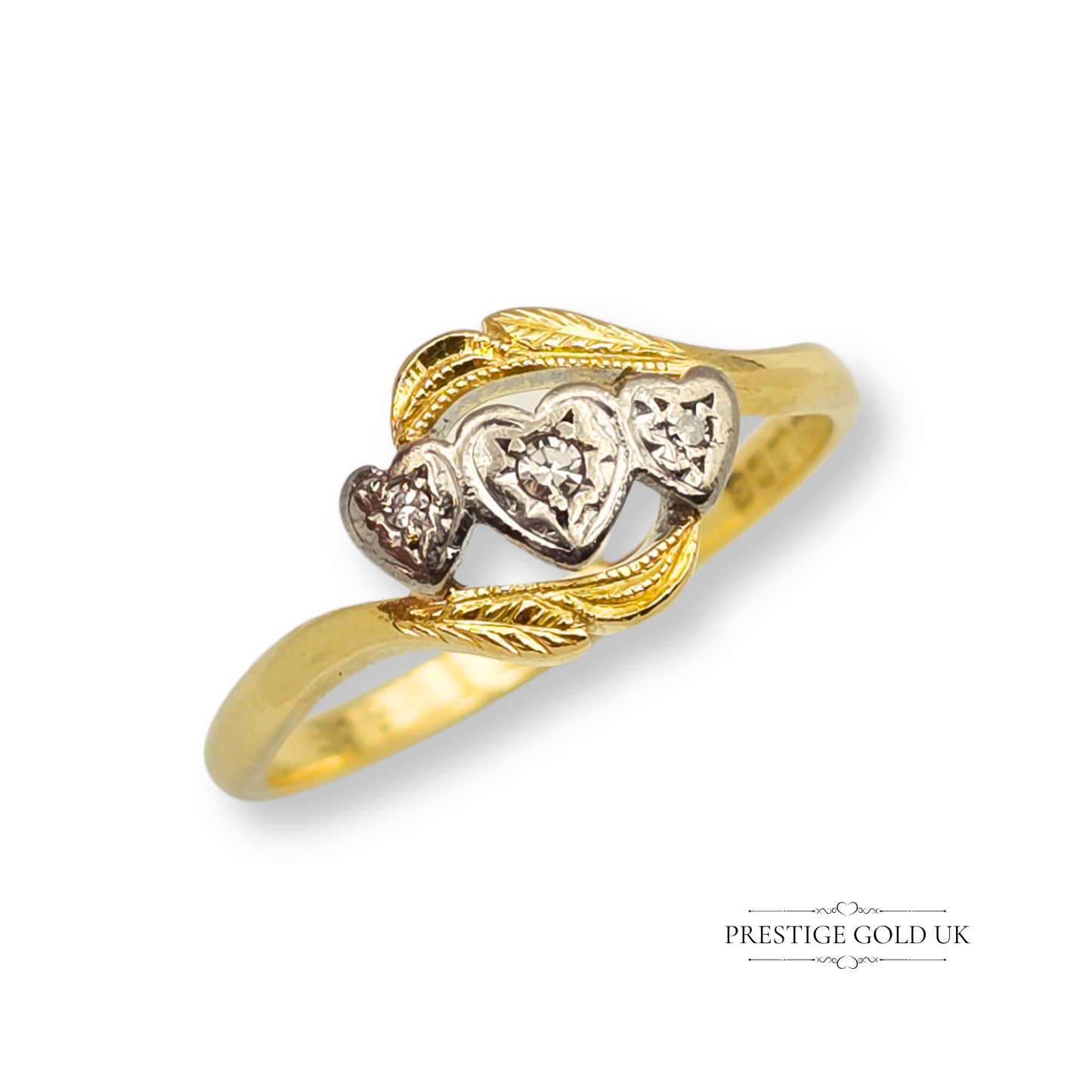 18ct Three Heart Diamond Ring Yellow & White Gold, Crossover Design