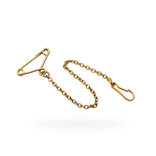 9ct yellow gold safety chain weighing 0.45g, measuring 70mm long, fully tested and ideal for brooch or pendant security. Features a traditional hook and safety-pin style clasp, perfect as a vintage jewellery replacement or repair part.
