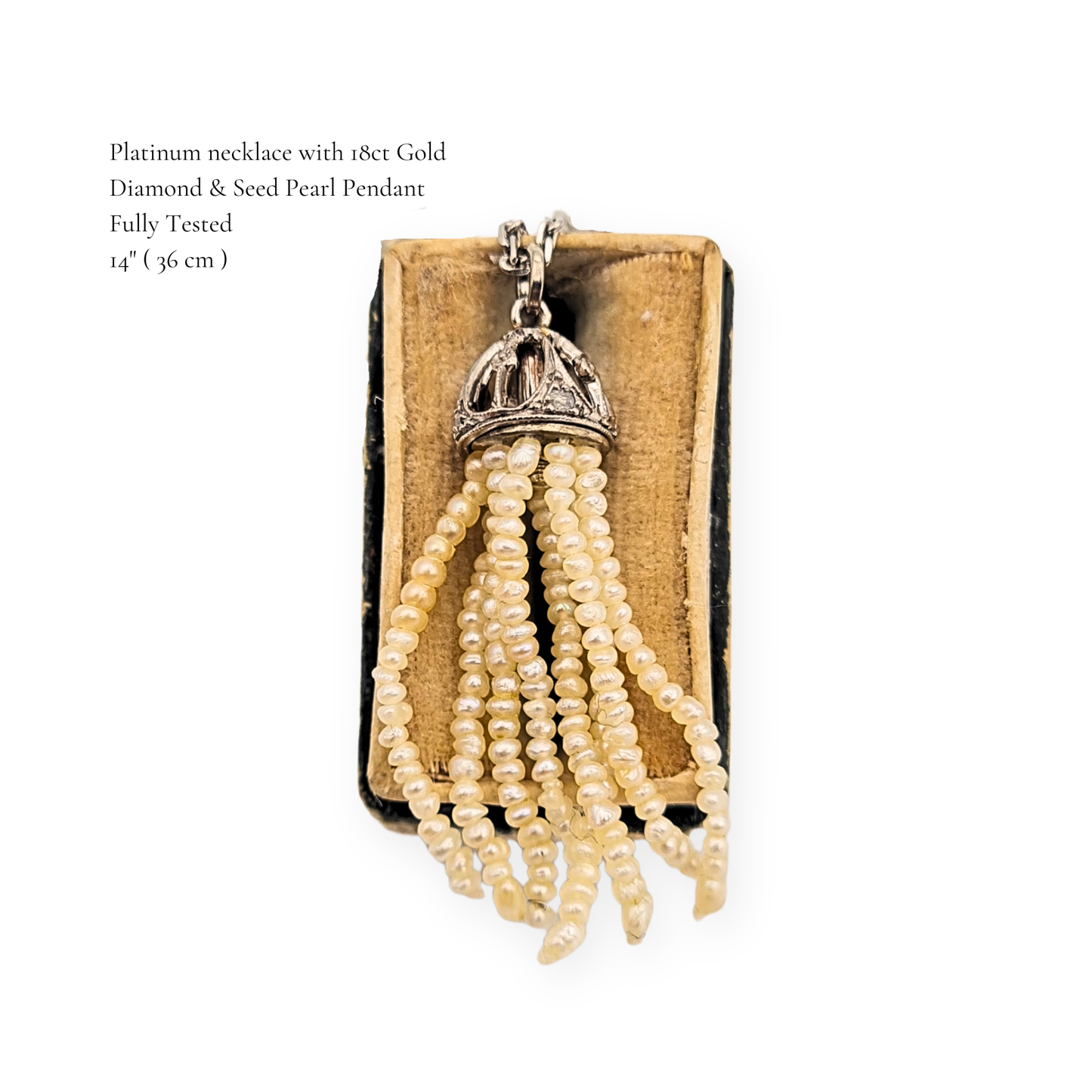 14" Lomg Platinum Chain 18ct Diamond Seed Pearl Tassel Pendant 36cm