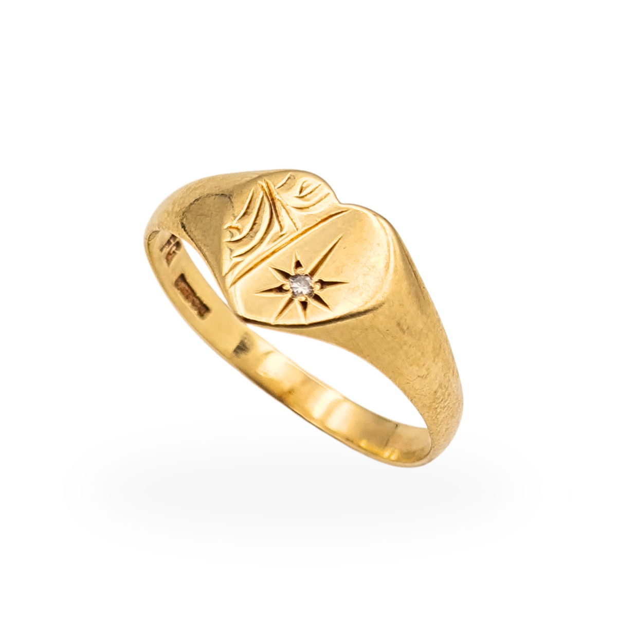 9ct Gold Diamond Heart Signet Ring Engraved UK P 1/2 US 8 Birmingham 1994