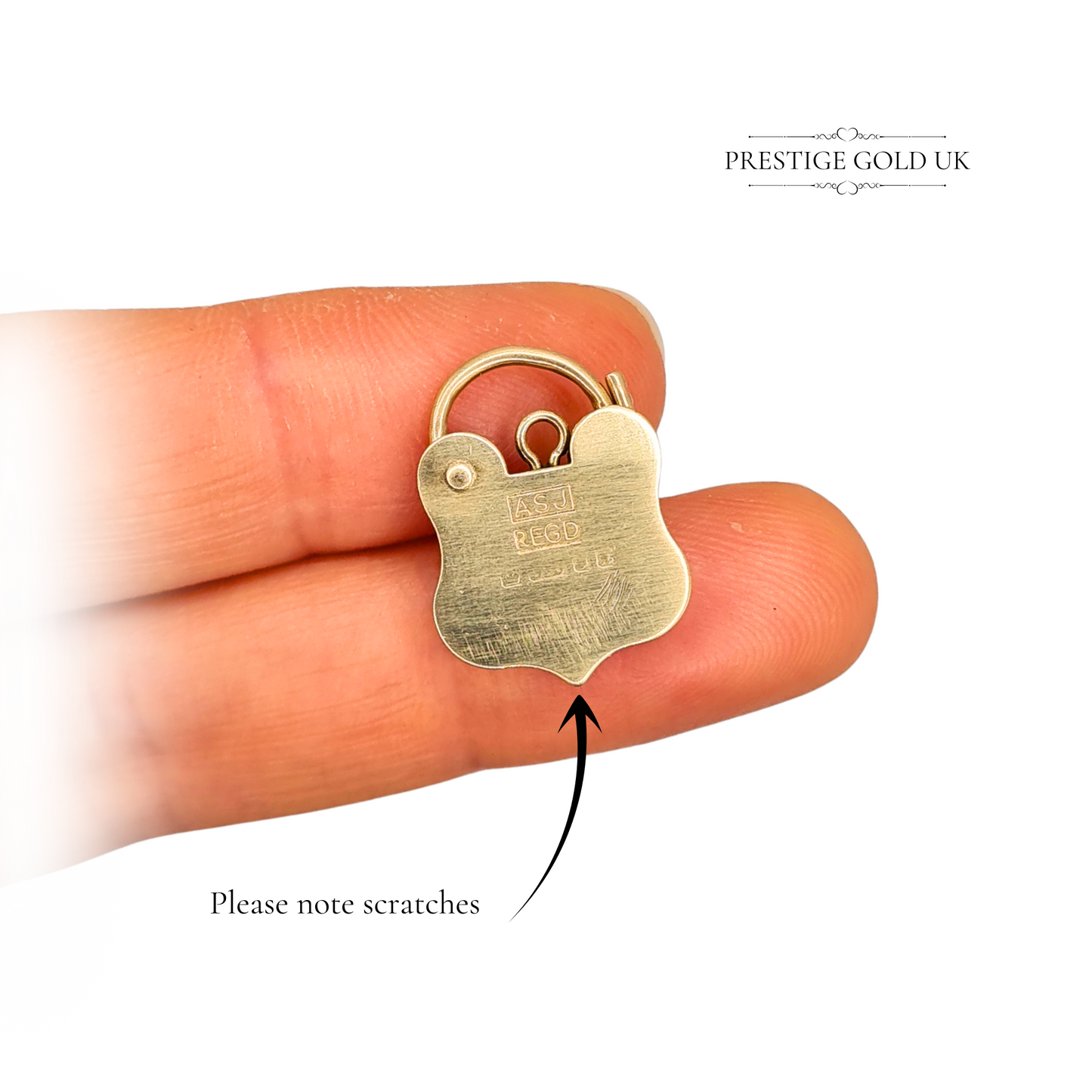 9ct Gold Shield Padlock Charm, Scroll Engraved Opening Shield Pendant