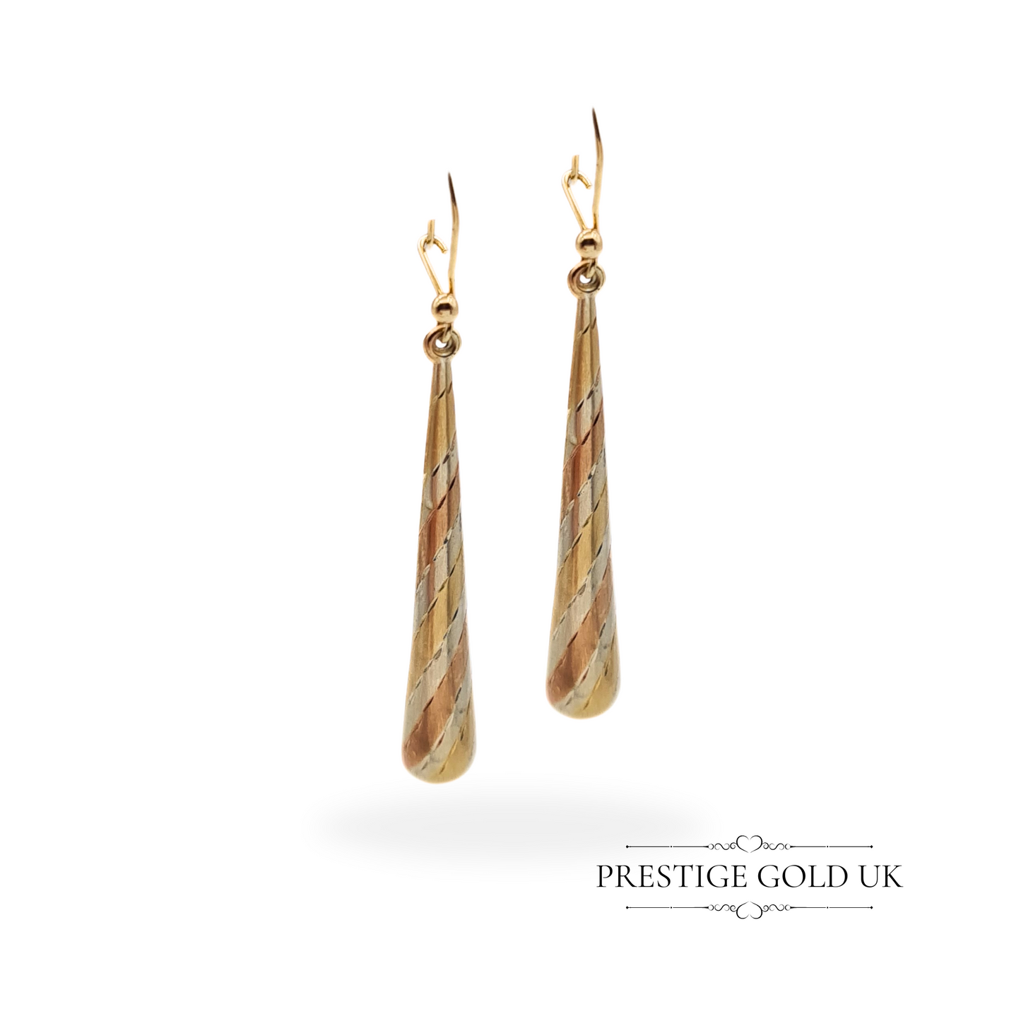 Vintage 9ct Gold Three-Tone Long Drop Earrings, 42mm Spiral Teardrop Design, Stamped & Fully Tested, Elegant Dangle Earrings