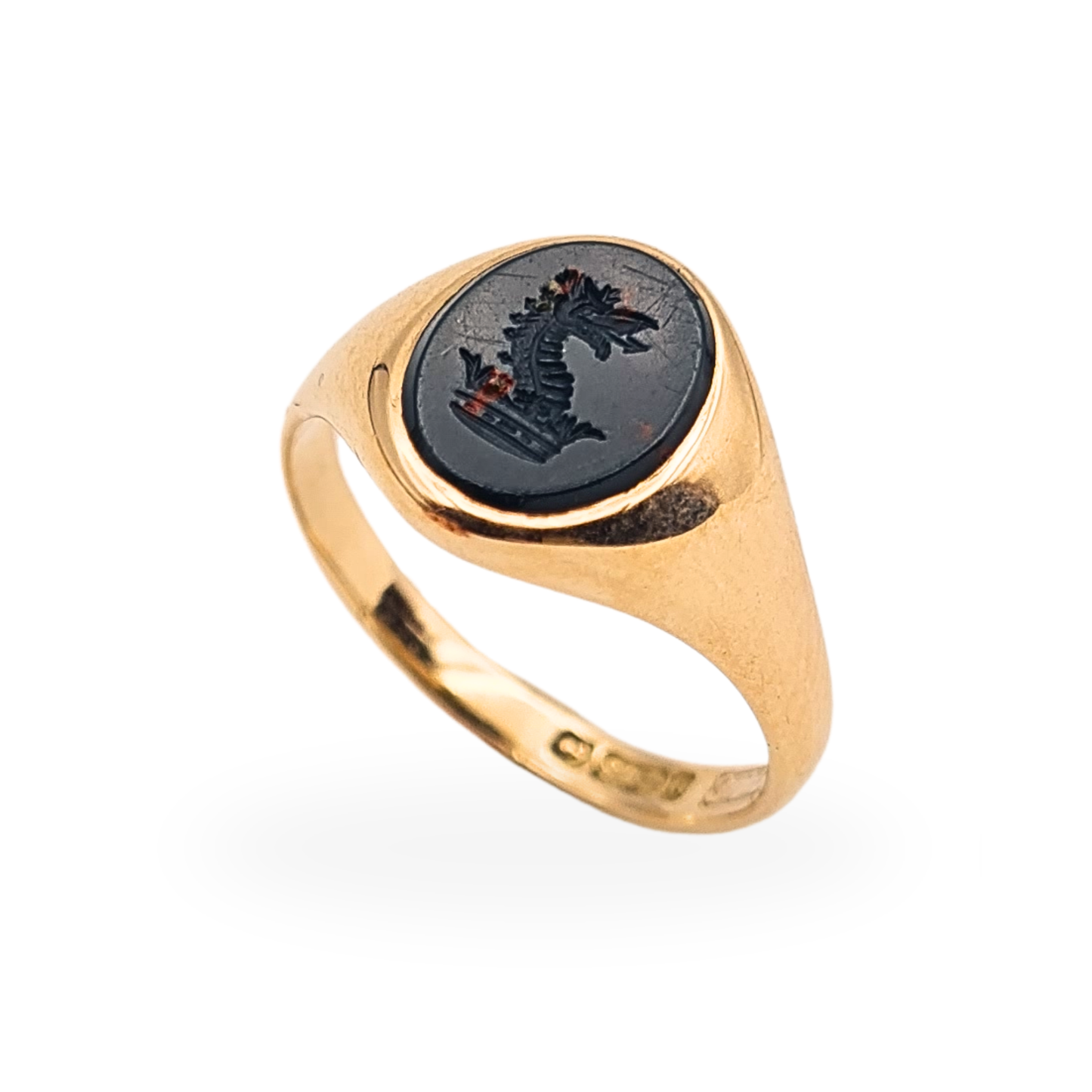 9ct yellow gold pinky signet ring with dark carved dragon and crown family crest seal stone, UK size L