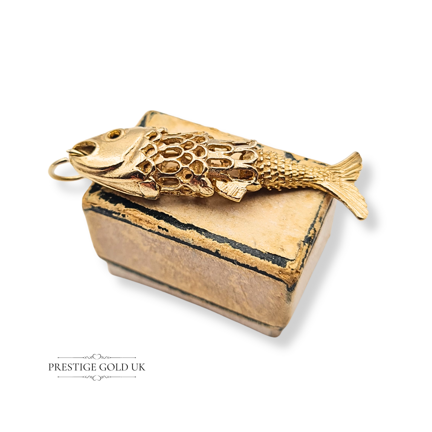 Large 9ct Gold Moving Fish Pendant, Articulating Fish Charm Hallmarked London 70's
