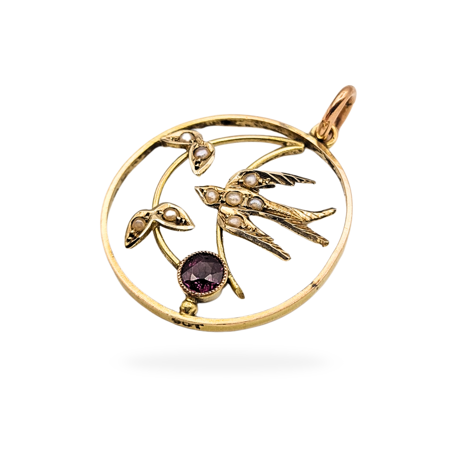 Antique 9ct Gold Swallow Pendant, Pearl Garnet, Stamped 9ct
