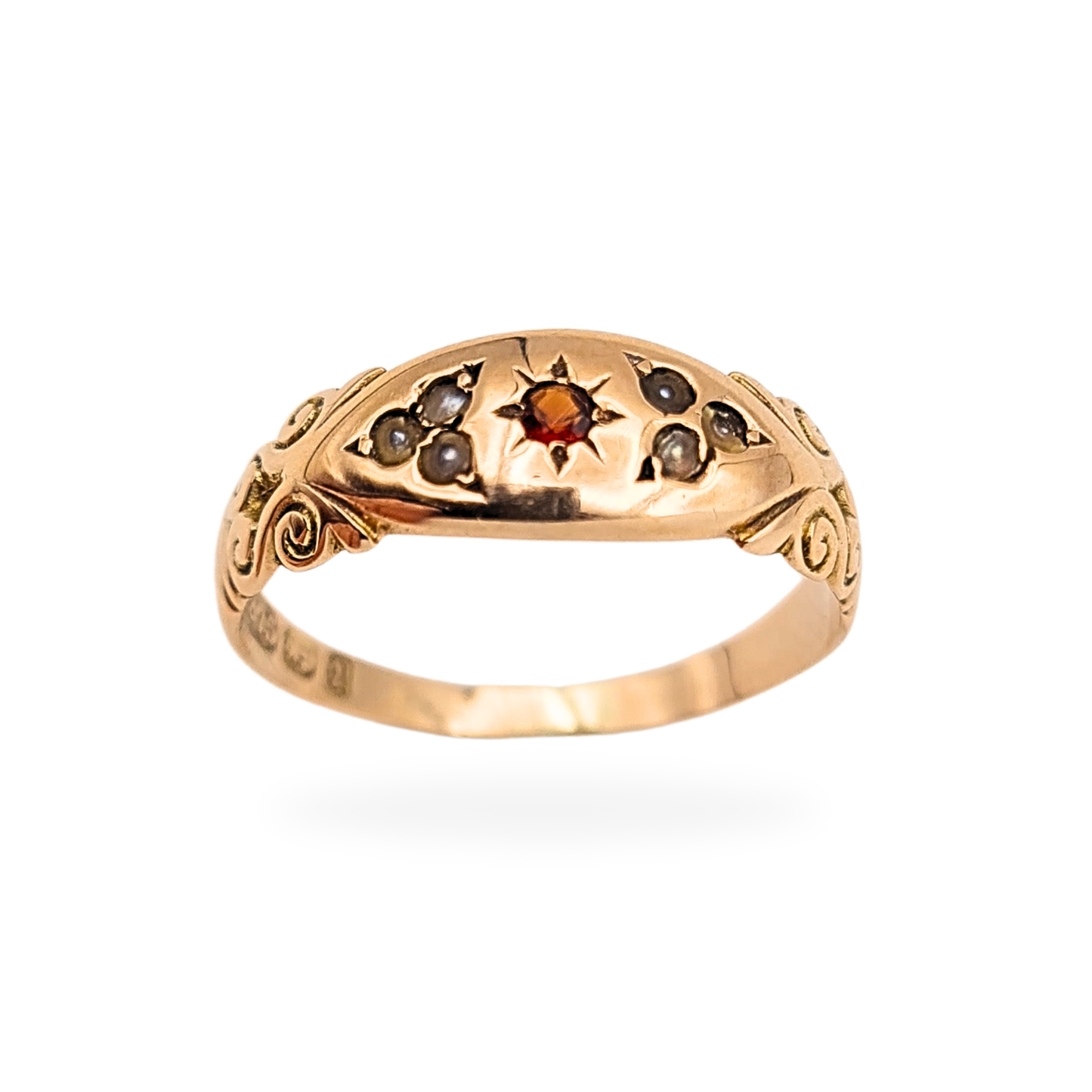 Antique 9ct Rose Gold Garnet & Pearl Ring, UK P 1/2, Birmingham 1847