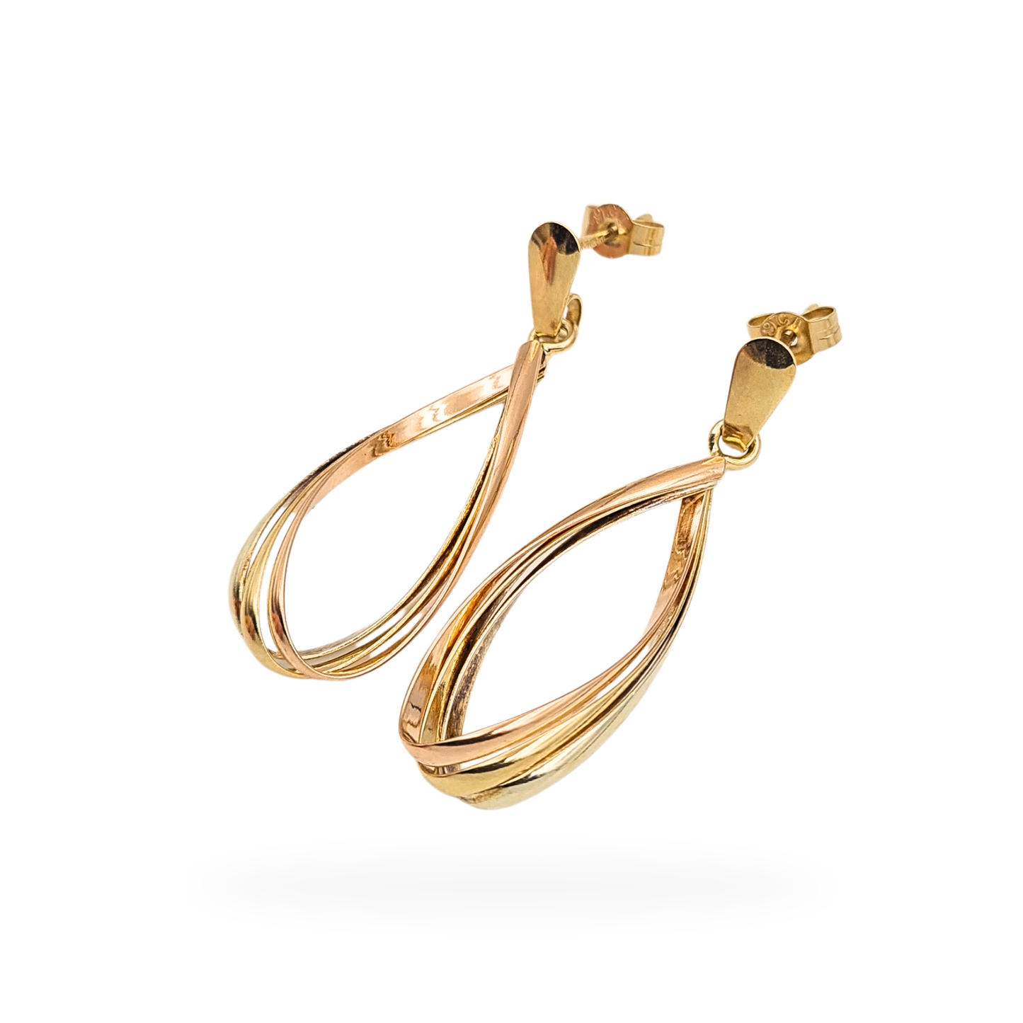 9ct Gold Tri Colour Twist Drop Earrings 37mm Fully Hallmarked