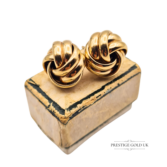 Large Gold Woolmark Stud Earrings, Large Lovers Knot Celtic Knot Ladies Studs