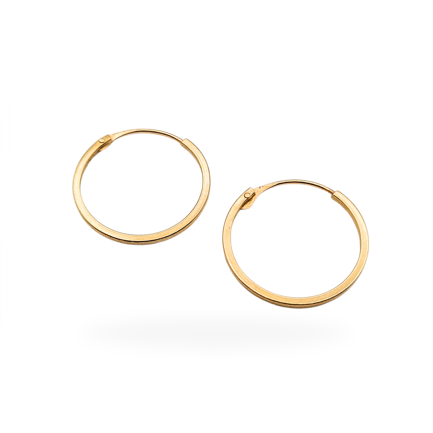 Pair of 9ct yellow gold sleeper hoop earrings, stamped 375 and tested for purity. Small hinged design with 15mm diameter and 1mm width, featuring a square edge profile. Lightweight and minimal solid gold hoops perfect for everyday wear or layering.