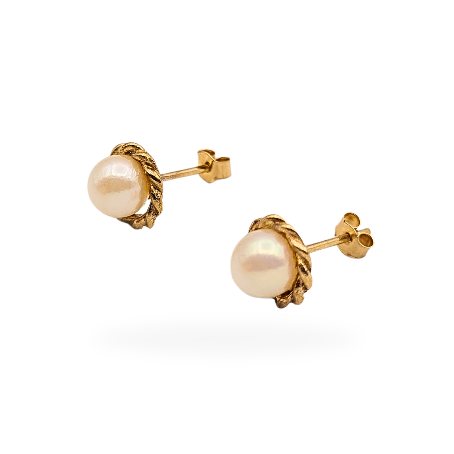 9ct Gold Pearl Stud Earrings, Rope Edge, Dainty Jewellery