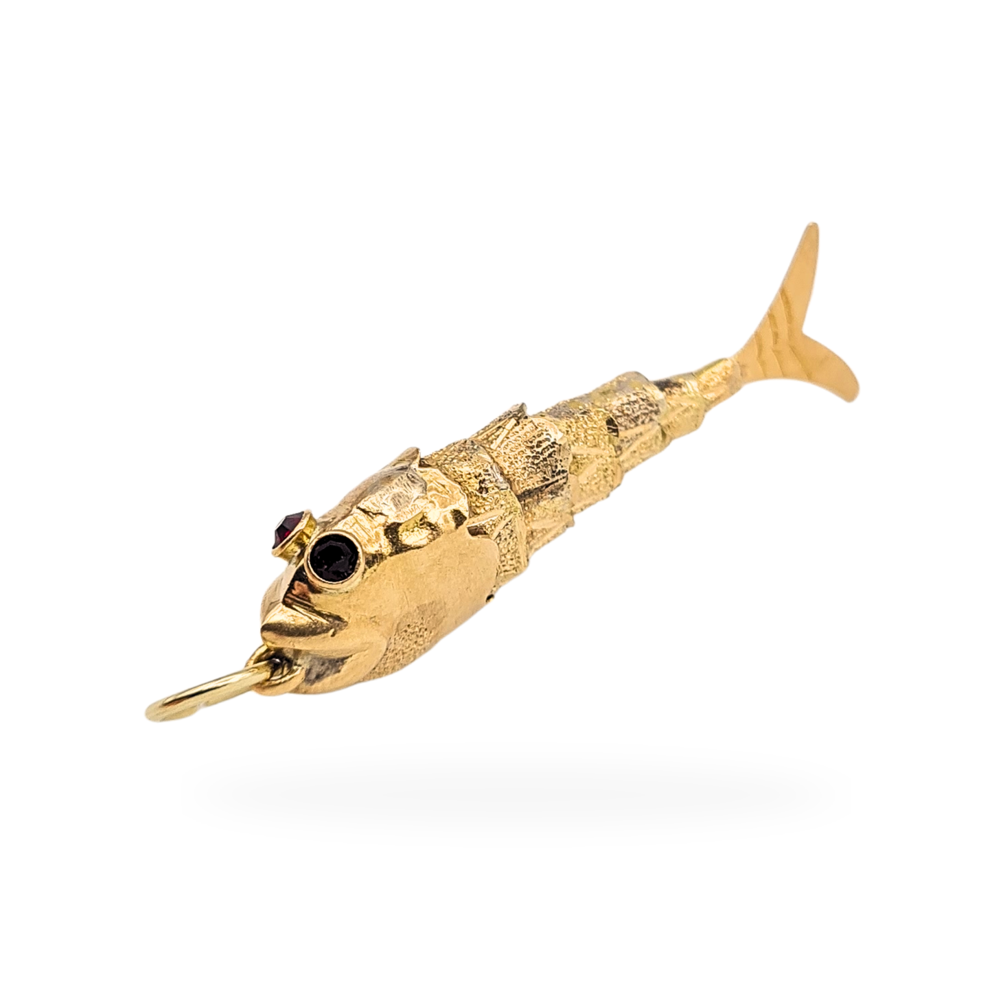9ct Gold Articulated Fish Pendant Charm Red Stone Eyes