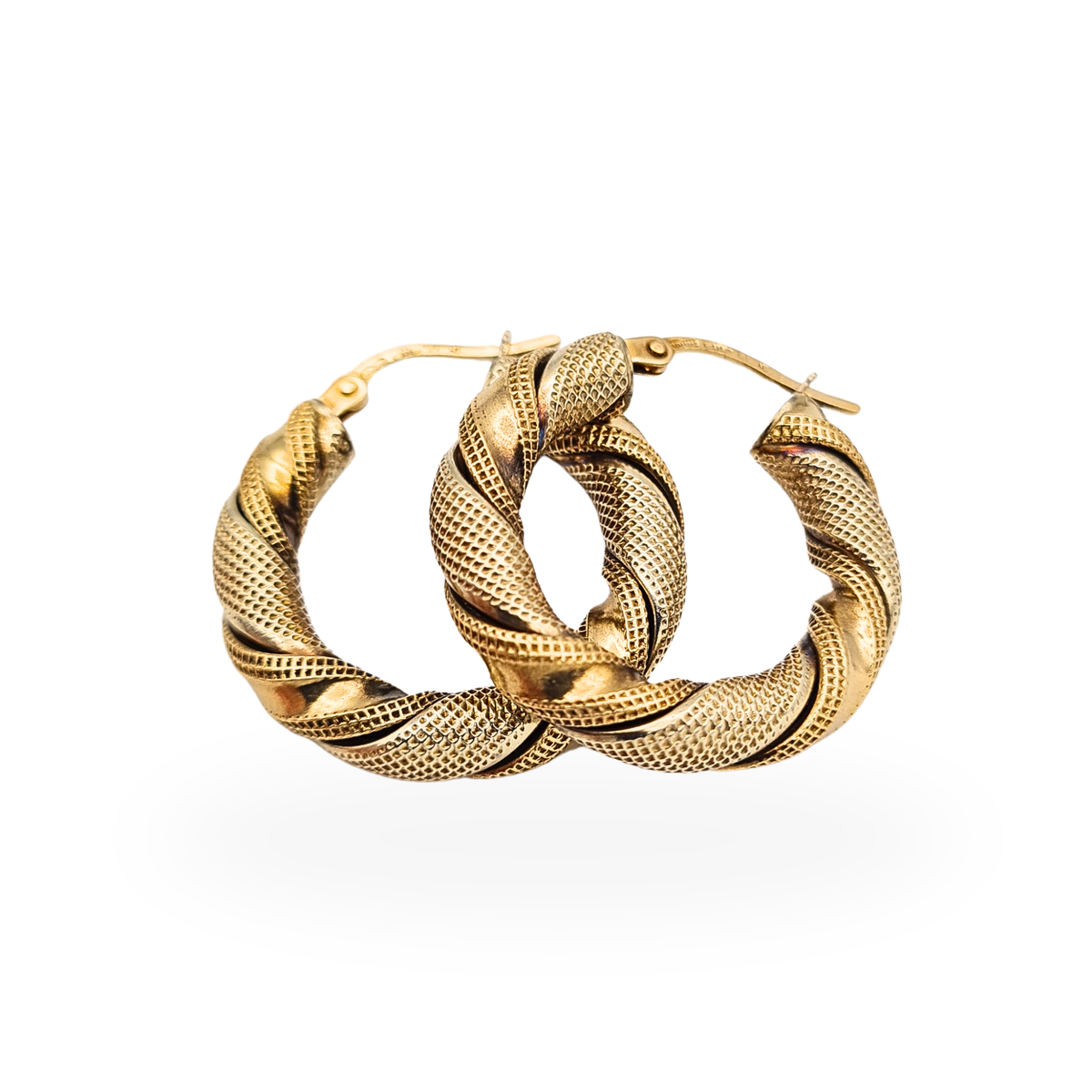 Unoaerre 9ct two tone gold twisted hoop earrings with textured detailing and flip-top fastenings