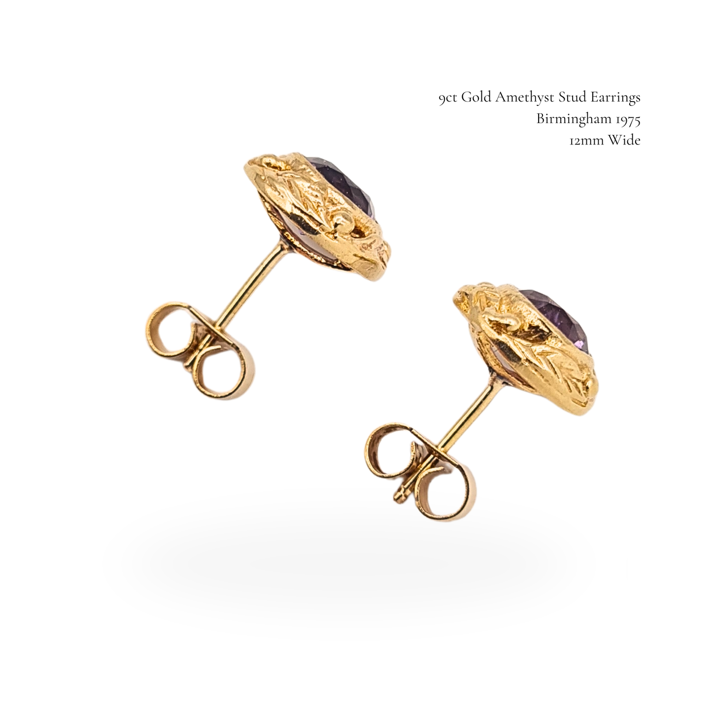 9ct Gold Amethyst Stud Earrings Birmingham 1975 Butterfly Backs