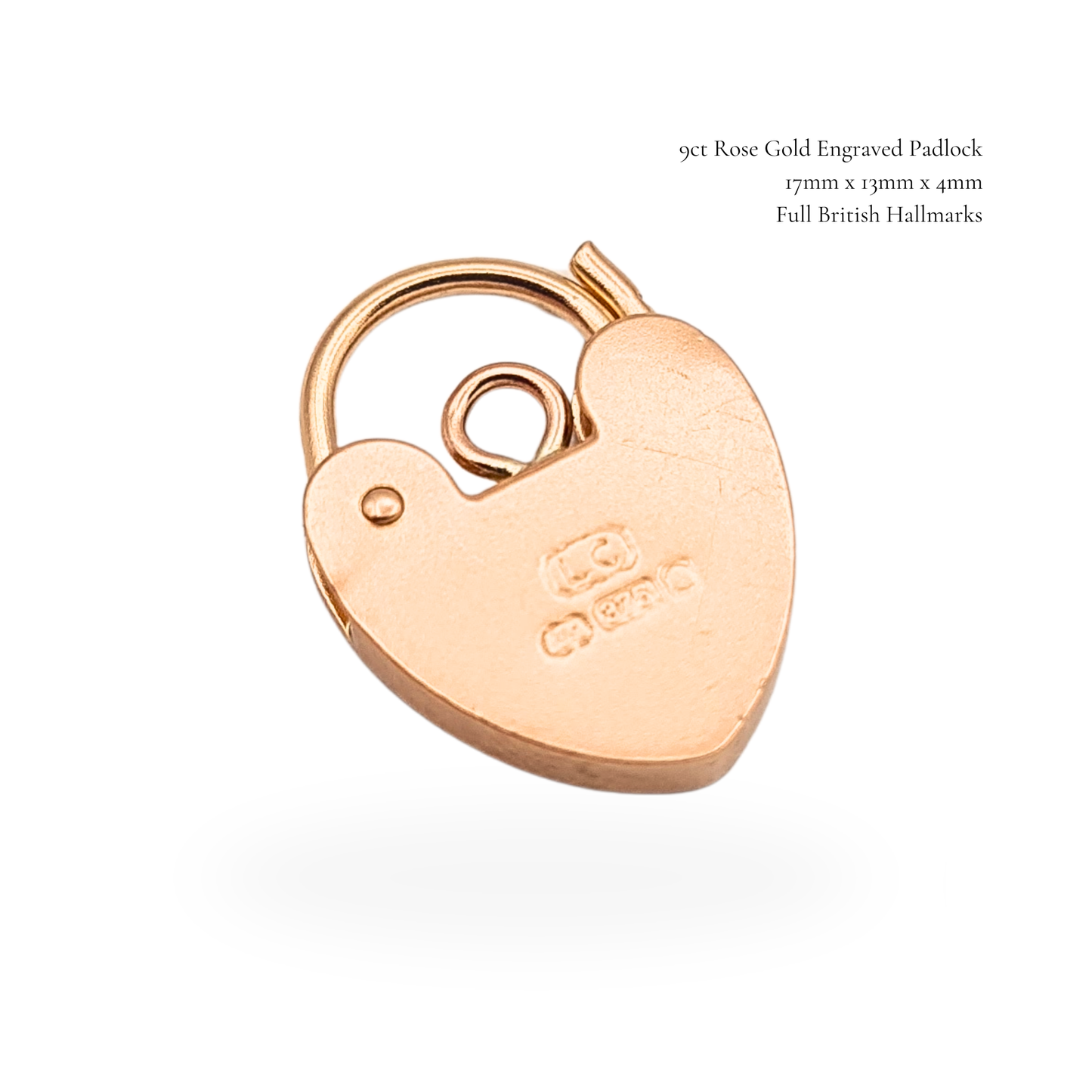 Tiny 9ct Rose Gold Heart Padlock 17mm Fully Hallmarked Engraved Leaf Clasp