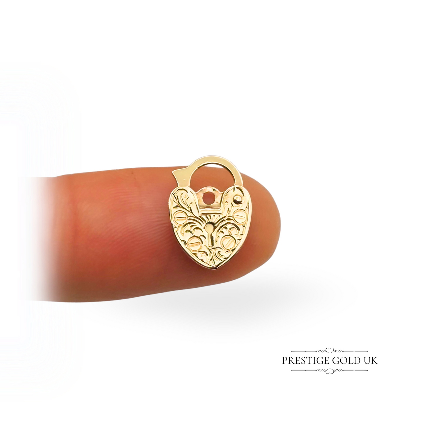 Tiny 9ct Gold Heart Padlock, Hand Engraved, Flat Design, 13mm Tall