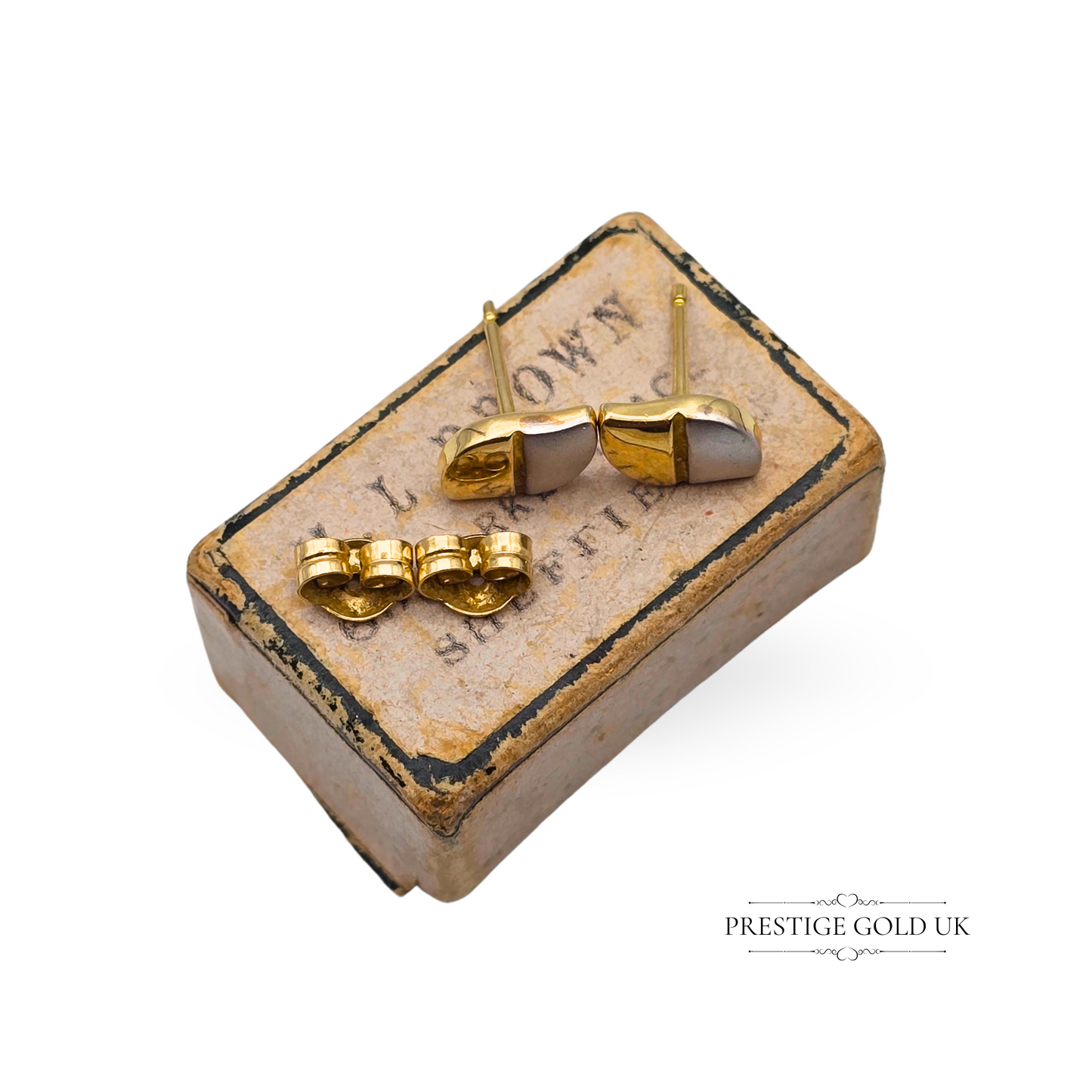 9ct Small Two Tone Gold Stud Earrings, Yellow and Satin White Gold, Coffee Bean Shape