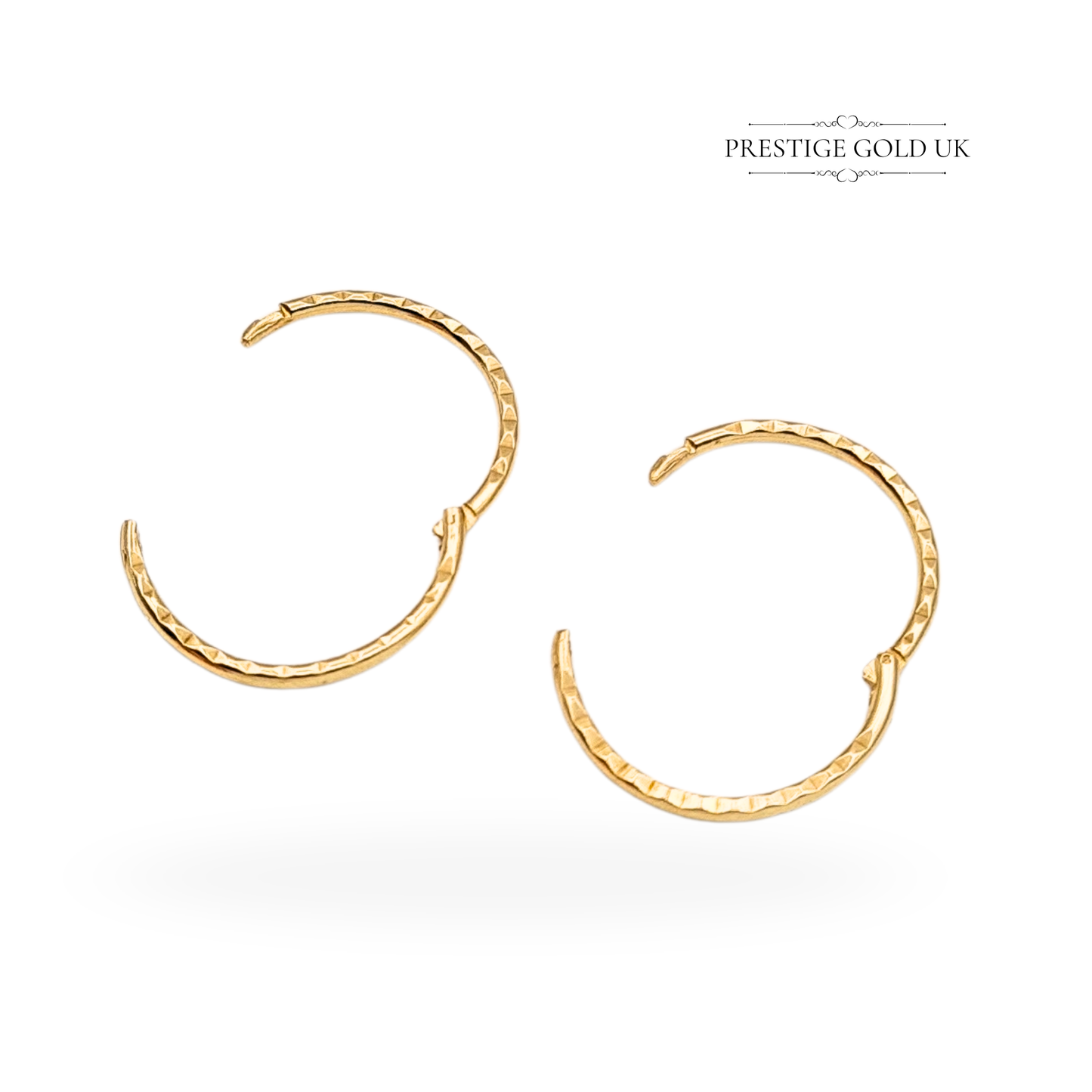 9ct Gold Small Hinged Hoop Earrings, 10mm Diameter Chevron Pattern Lightweight Tiny Gold Hoops
