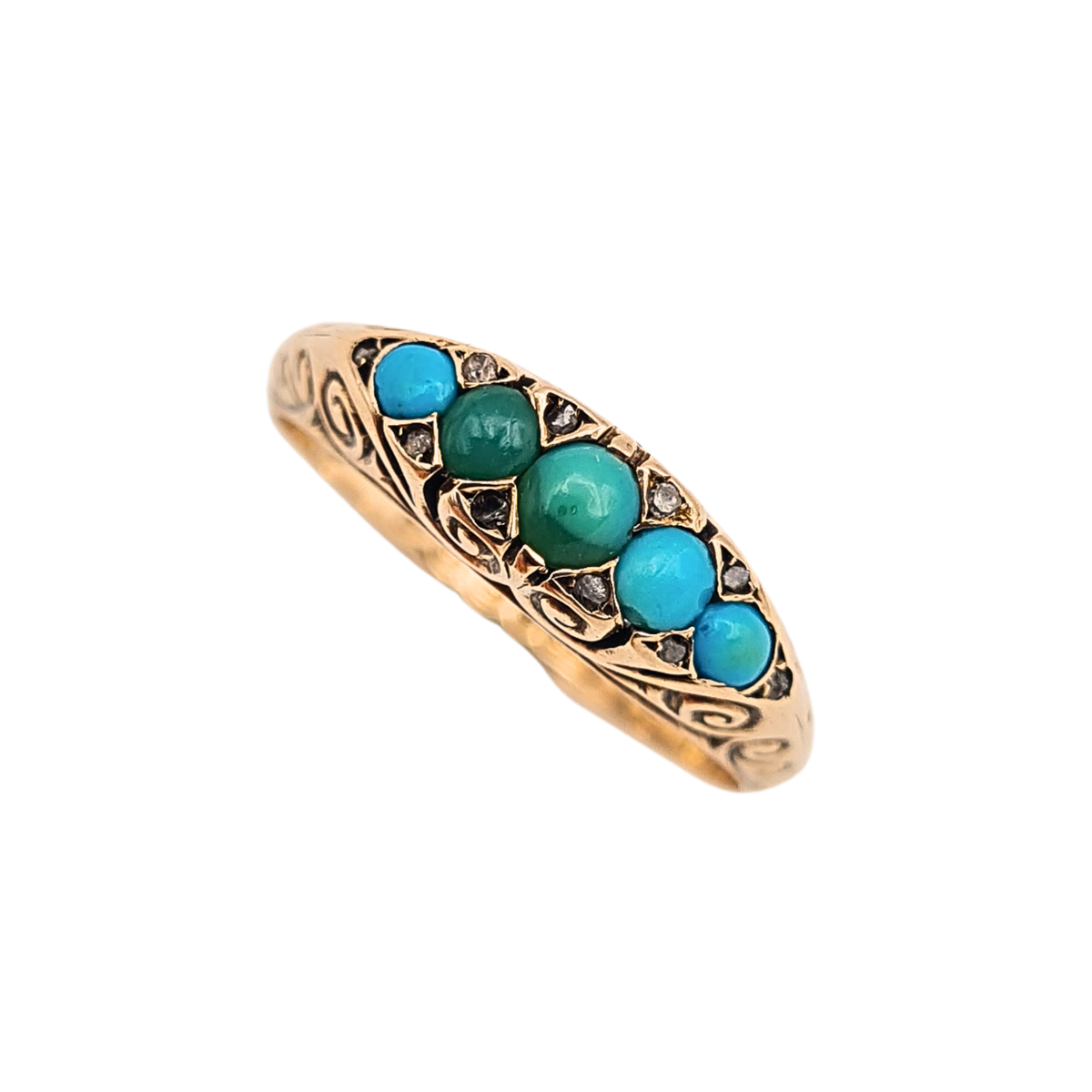 Antique 9ct Gold Turquoise Diamond 5 Stone Ring,  Chester Hallmark 1902 UK P US 7 3/4