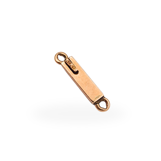 Antique 9ct rose gold push fit box clasp measuring 14mm, stamped 9ct and suitable for necklace or bracelet restoration.