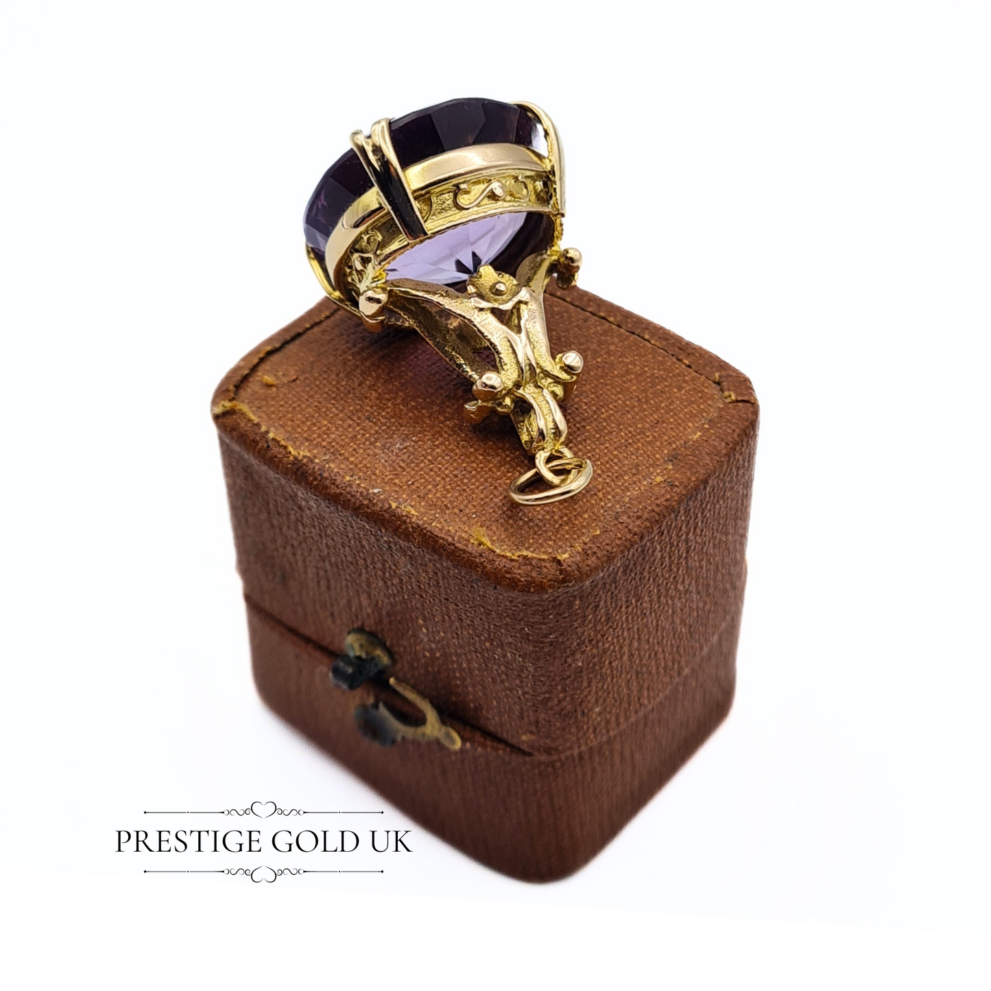 Gold Amethyst Fob 9ct - Ornate Round Amethyst Fob - Purple Amethyst Pendant