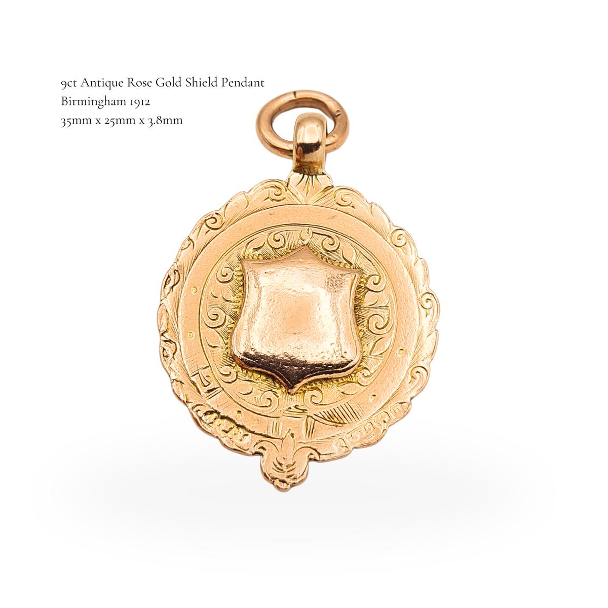 Antique 9ct Rose Gold Shield Fob Pendant Birmingham 1912 Hallmarked
