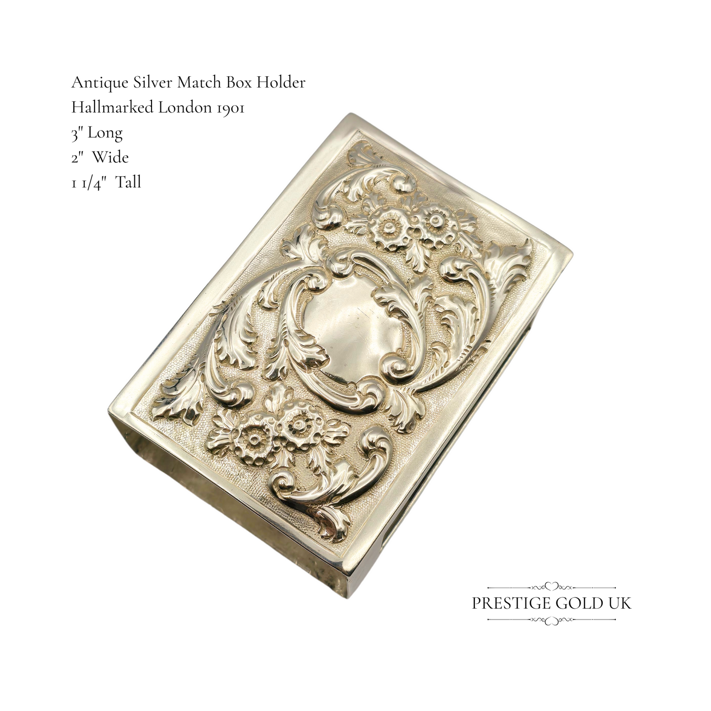 Antique Solid Silver Matchbox Holder, London 1901, Rococo Floral Design, 3” x 2”