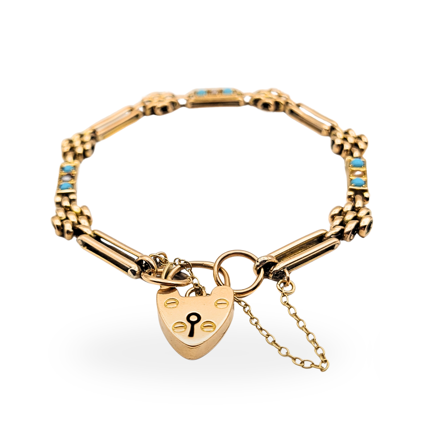 Antique 9ct Rose Gold Turquoise Pearl Gate Bracelet, 1904, 7½ inches long