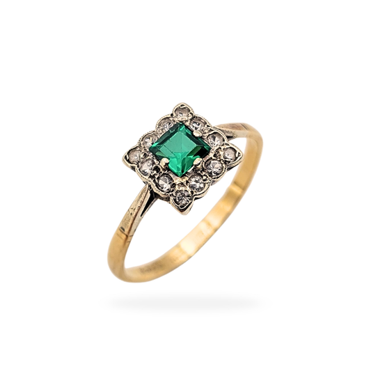 Mid-century 9ct gold square paste ring hallmarked Birmingham and made by H.S Ltd, weighing 2.10g. Features an 8 × 8mm square green paste centre surrounded by clear paste stones in a geometric cluster setting, UK size R 1/2 US 9, photographed from multiple angles.