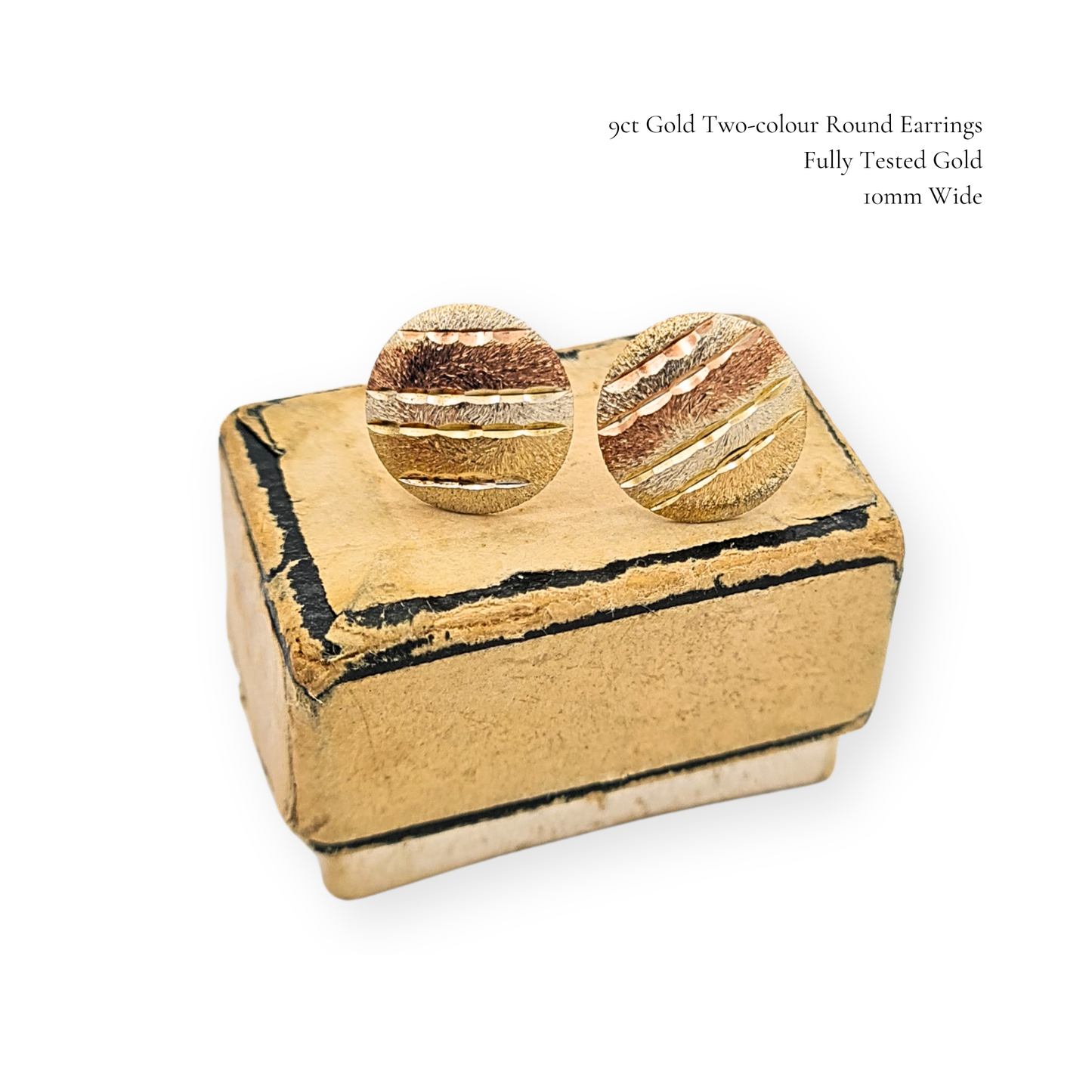 9ct Gold Two Colour Round Stud Earrings, 10mm Engraved Disc Design