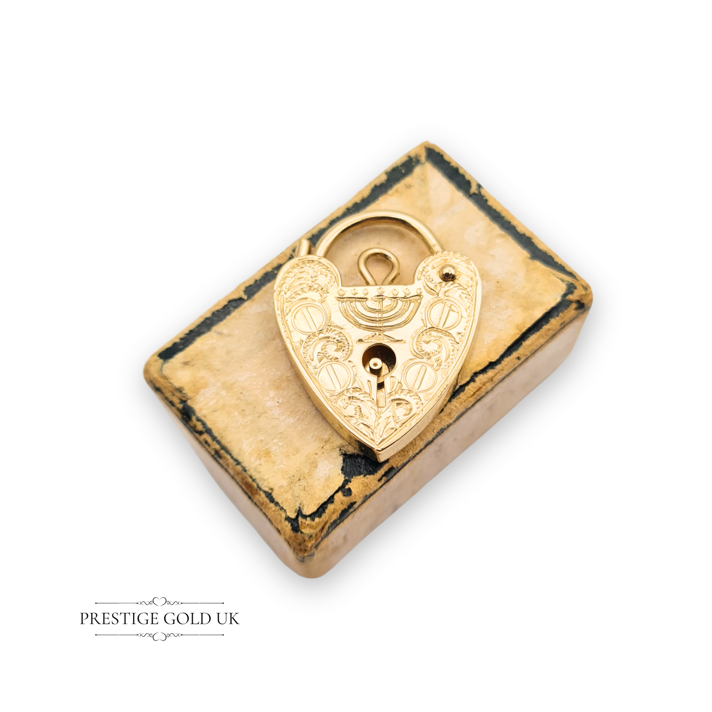 9ct Gold Medium Heart Padlock Hand Engraved Menorah Charm