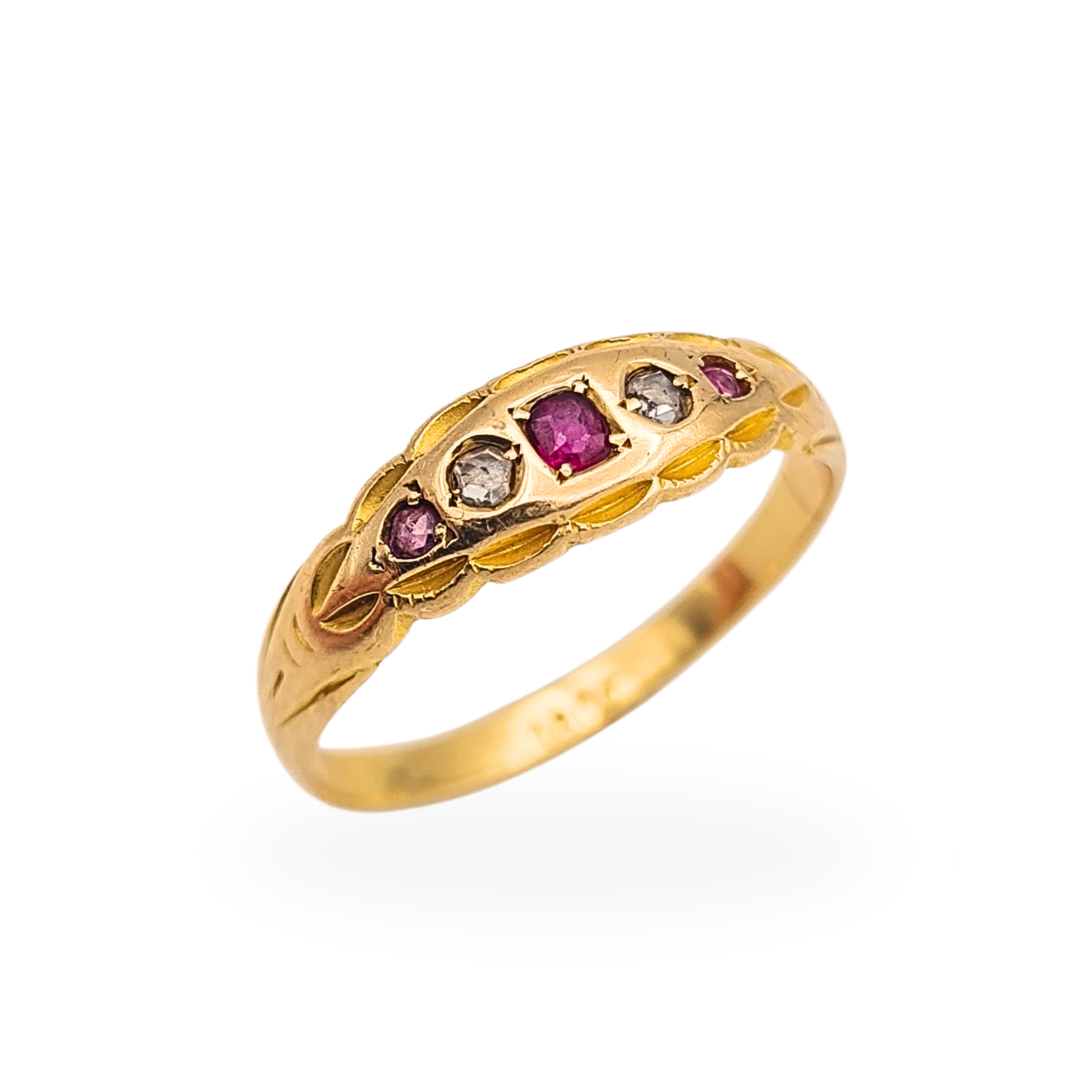 Vintage 18ct gold five stone ring with old cut diamonds and sapphires, stamped 18ct, classic half hoop design.
