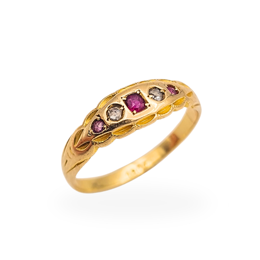 Vintage 18ct gold five stone ring with old cut diamonds and sapphires, stamped 18ct, classic half hoop design.