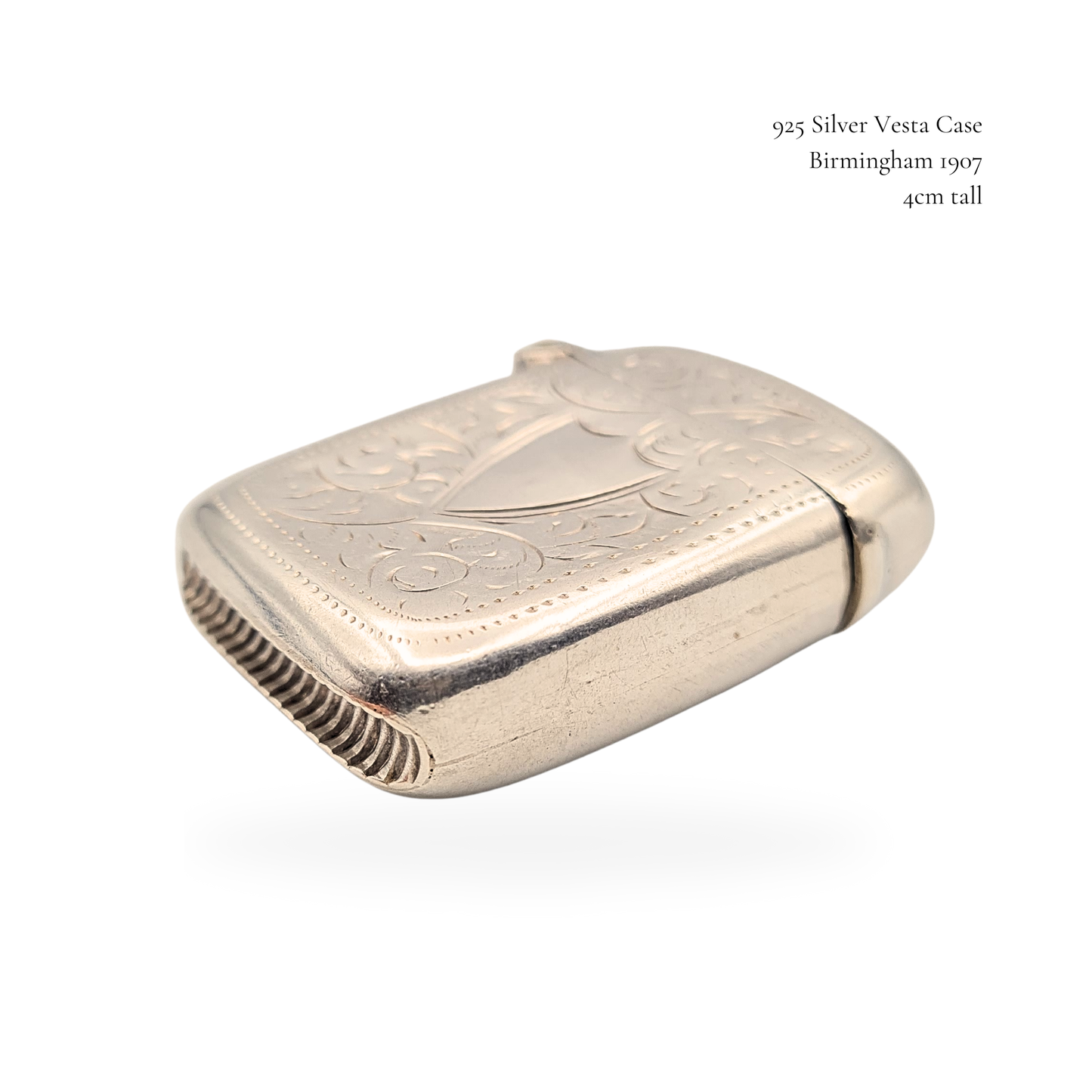 925 Silver Vesta Case, Hand Engraved, Birmingham 1907