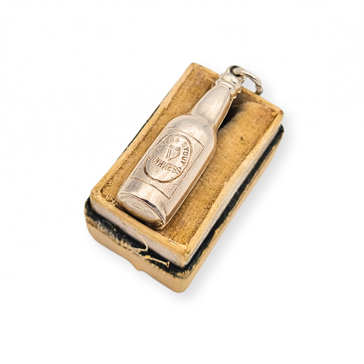 Sterling silver miniature Guinness Extra Stout beer bottle charm with raised Guinness label and hanging jump ring